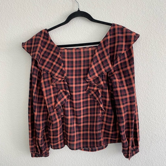 Madewell Ruffle Square Neck Blouse in Peach & Black Plaid Size Sz Fall Cabincore - Picture 4 of 8